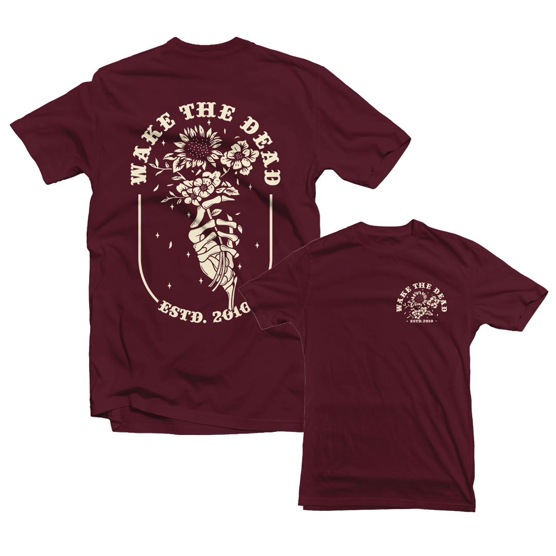 WAKE THE DEAD - "Hand With Flowers" Burgundy T-Shirt