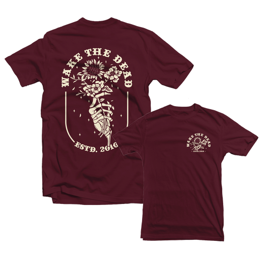 WAKE THE DEAD - "Hand With Flowers" Burgundy T-Shirt